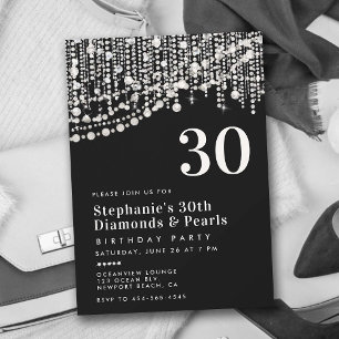 Diamonds Pearls Fringe Black White 30th Birthday Invitation