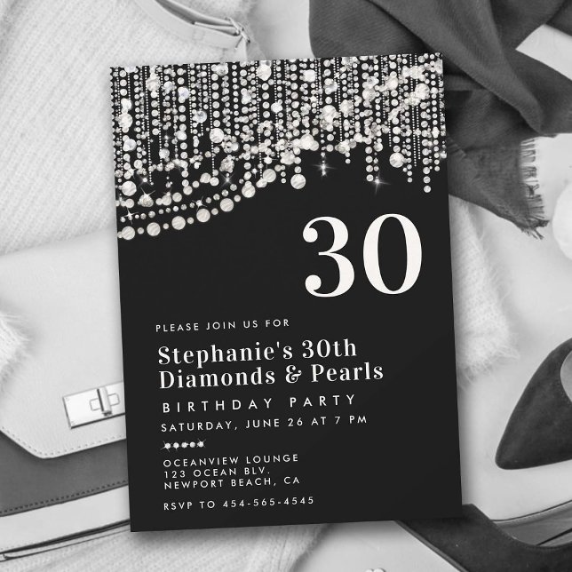 Diamonds Pearls Fringe Black White 30th Birthday Invitation (diamonds and pearls black and white 30th birthday invitation for women elegant classy glam feminine )