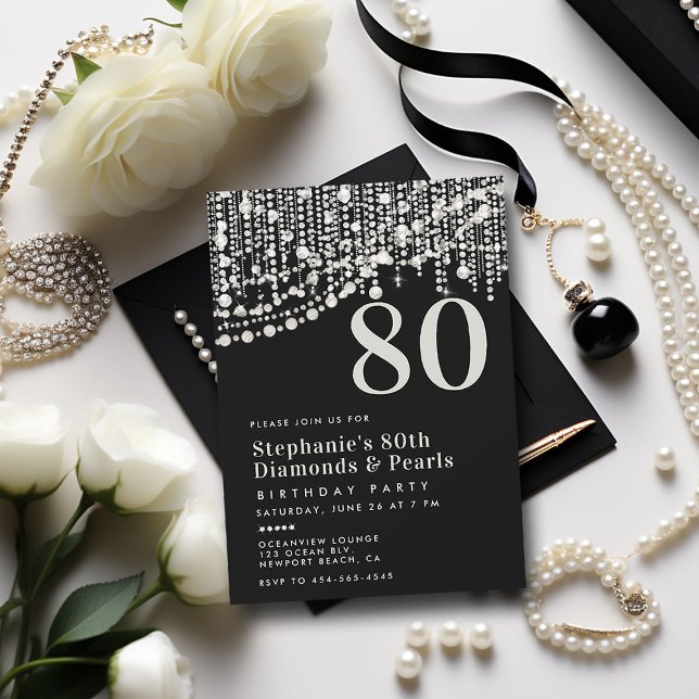 Diamonds Pearls Fringe Black White 80th Birthday Invitation (diamonds pearls 80th birthday party invitation black white formal elegant classy feminine stylish)