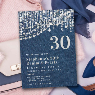Diamonds Pearls Fringe Jean Denim 30th Birthday Invitation