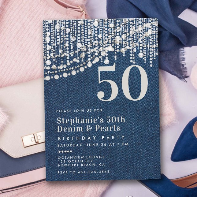 Diamonds Pearls Fringe Jean Denim 50th Birthday Invitation (diamonds pearls 50th birthday invitation for women bling party elegant classy chic modern glam jean)
