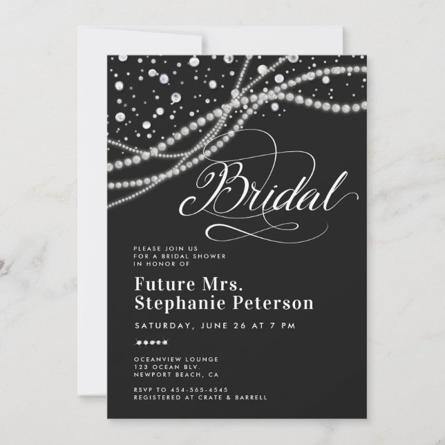 Diamonds Pearls Future Mrs. Black Bridal Shower Invitation (Front)