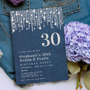 Diamonds Pearls Jean Denim Classy 30th Birthday Invitation