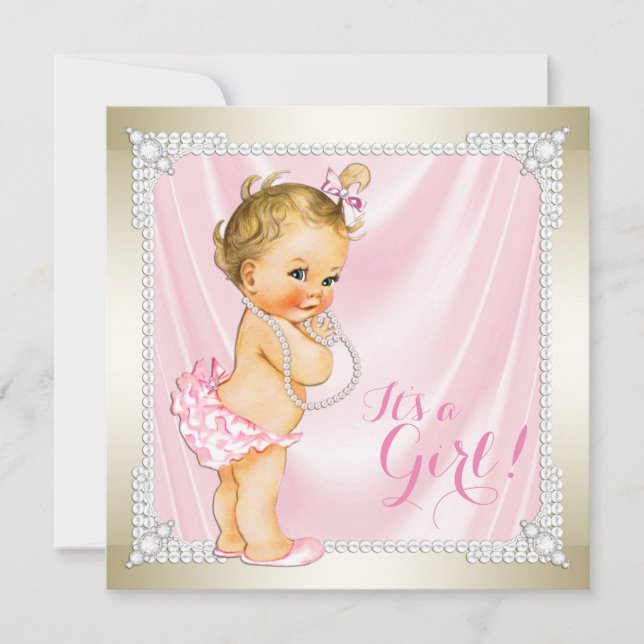 Diamonds Pearls Pink Gold Girly Baby Shower Invitation (Front)