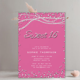 Diamonds Pearls Pretty Girly Pink Elegant Sweet 16 Invitation