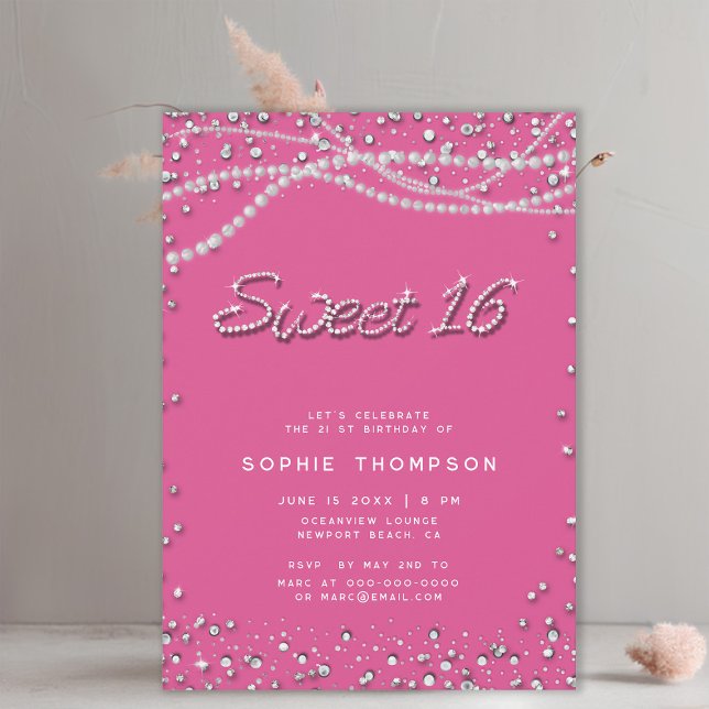 Diamonds Pearls Pretty Girly Pink Elegant Sweet 16 Invitation (diamonds and pearls sweet 16 birthday party invitation template for girls elegant classy chic girly)