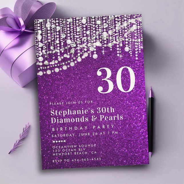 Diamonds Pearls Purple Glitter Chic 30th Birthday Invitation (glam diamonds and pearls 30th birthday invitations for women purple glitter elegant classy bling)