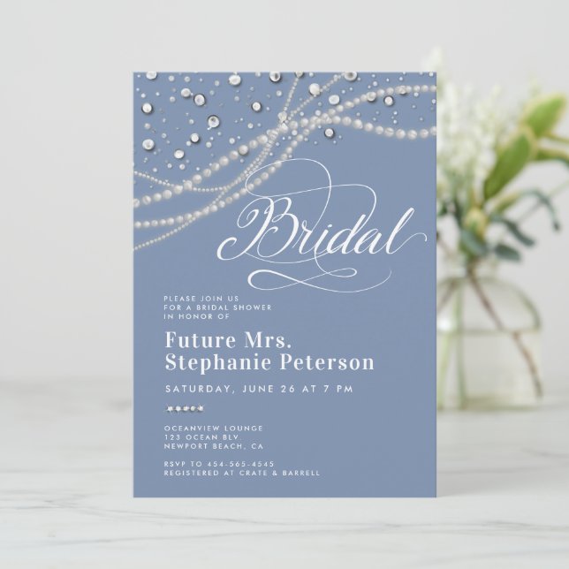 Diamonds Pearls Something Blue Mrs Bridal Shower Invitation (Standing Front)