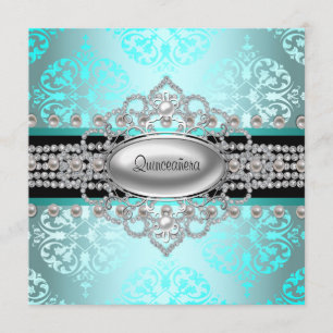 Diamonds Pearls Teal Blue Quinceanera Invitation