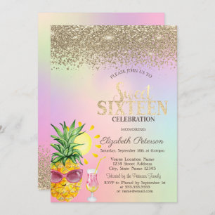 Diamonds,Pineapple,Cocktail Holographic Sweet 16 Invitation
