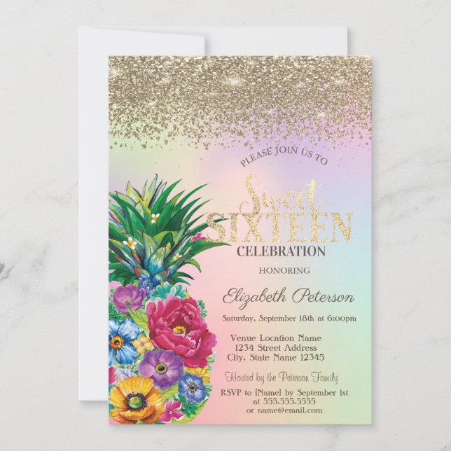Diamonds, Pineapple Flowers Holographic Sweet 16 Invitation (Front)