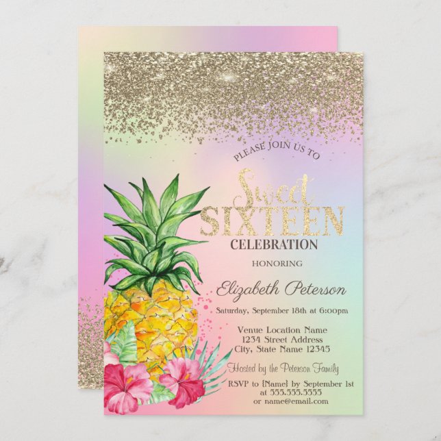  Diamonds,Pineapple Hibiscus Holographic Sweet 16  Invitation (Front/Back)