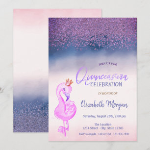 Diamonds,Pink Flamingo Crown Ombre Quinceañera Invitation