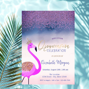 Diamonds,Pink Flamingo Ombre Quinceañera Invitation