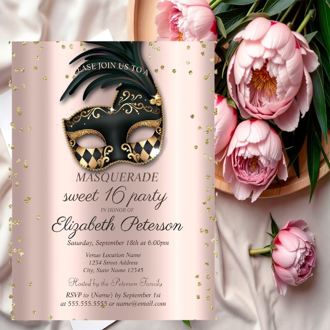  Diamonds Rose Gold Black Masquerade Sweet 16   Invitation Postcard (Creator Uploaded)