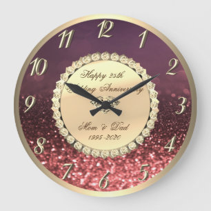 Diamonds,Rose Gold Bokeh 25th Wedding Anniversary Large Clock
