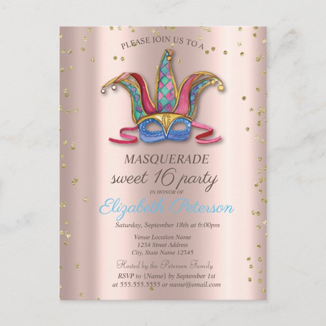  Diamonds Rose Gold Colourful Masque Sweet 16   Invitation Postcard (Front)