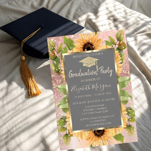 Diamonds Rose Gold Glitter Sunflowers  Graduation Invitation