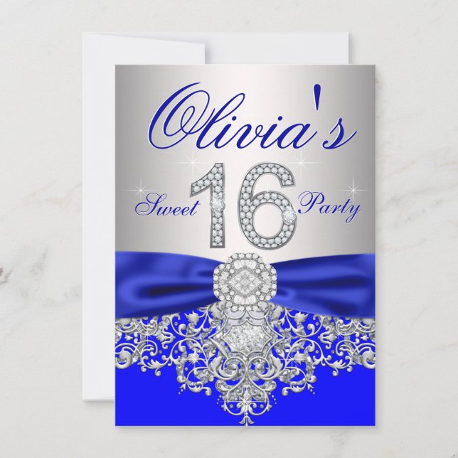 Diamonds Royal Blue and Silver Sweet 16 Party Invitation (Front)