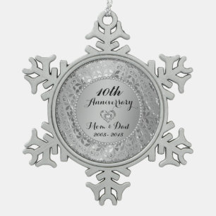 Diamonds & Silver 10th Wedding Anniversary Snowflake Pewter Christmas Ornament