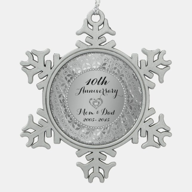 Diamonds & Silver 10th Wedding Anniversary Snowflake Pewter Christmas Ornament (Front)