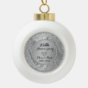 Diamonds & Silver 25th Wedding Anniversary Ceramic Ball Christmas Ornament