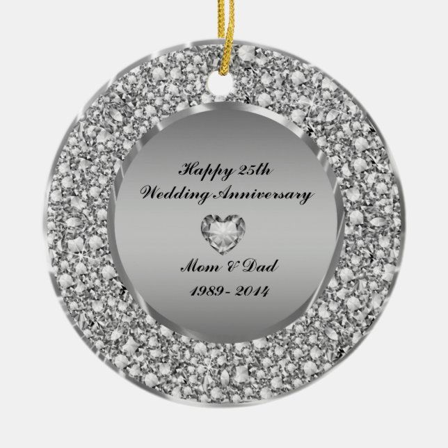 Diamonds & Silver 25th Wedding Anniversary Ceramic Tree Decoration (Front)