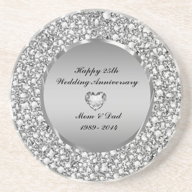 Diamonds & Silver 25th Wedding Anniversary Coaster (Front)