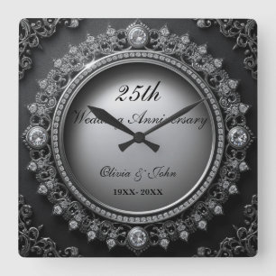 Diamonds & Silver 25th Wedding Anniversary gift Square Wall Clock