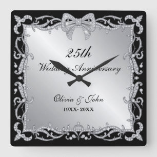 Diamonds & Silver 25th Wedding Anniversary gift Square Wall Clock
