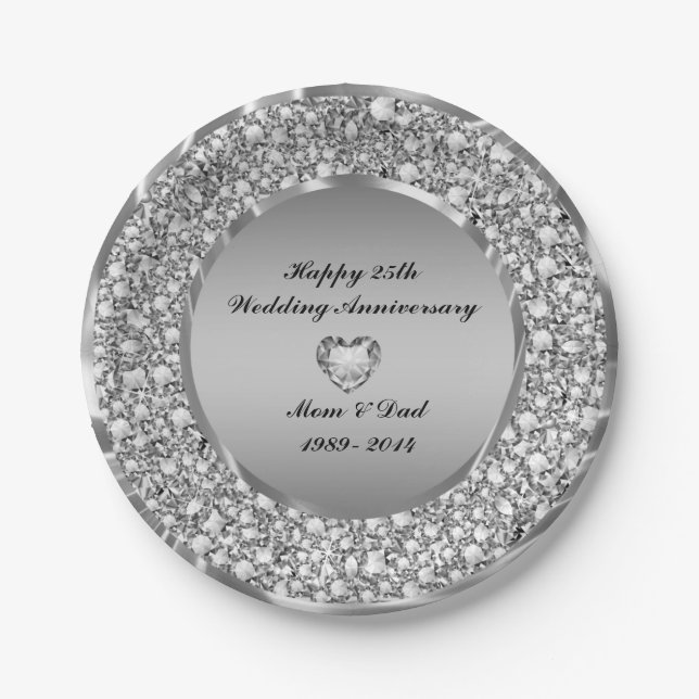 Diamonds & Silver 25th Wedding Anniversary Paper Plate (Front)