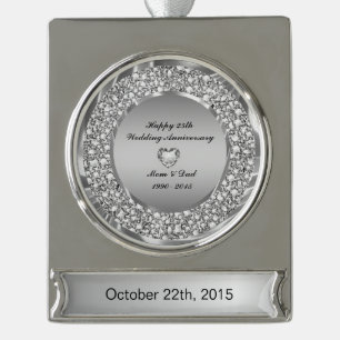 Diamonds & Silver 25th Wedding Anniversary Plated Banner Ornament