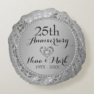Diamonds & Silver 25th Wedding Anniversary Round Cushion