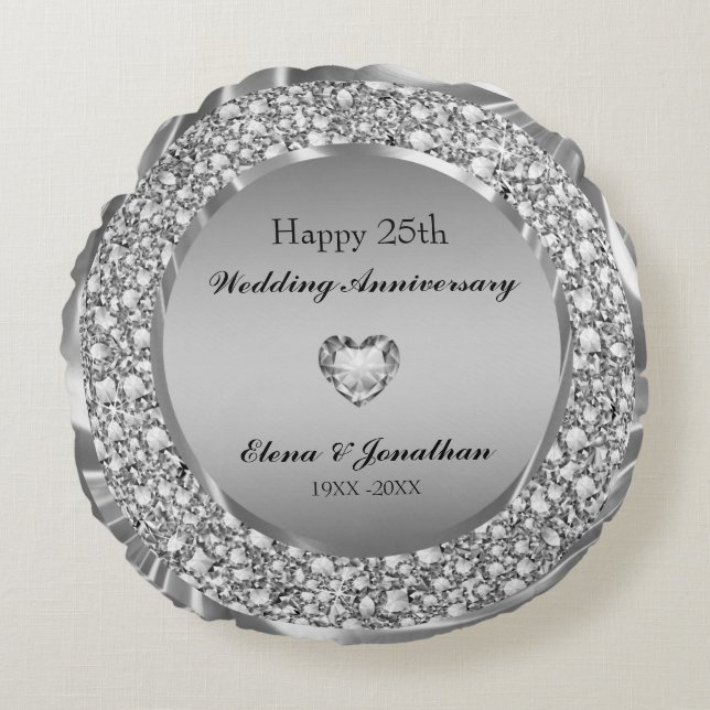 Diamonds & Silver 25th Wedding Anniversary Round Cushion (Front)