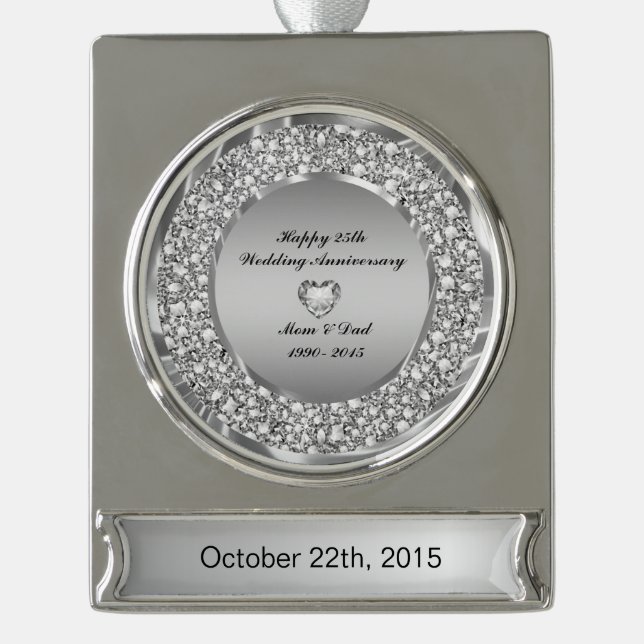 Diamonds & Silver 25th Wedding Anniversary Silver Plated Banner Ornament (Front)