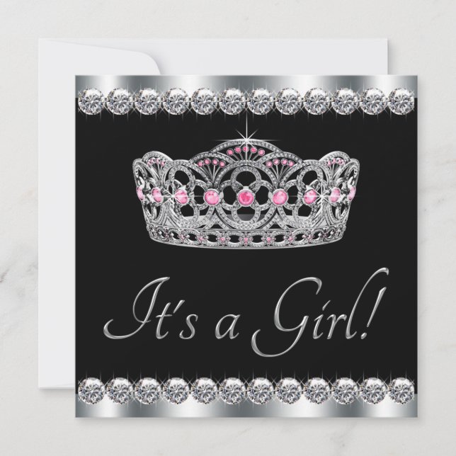 Diamonds Silver Tiara Pink Black Baby Shower Invitation (Front)
