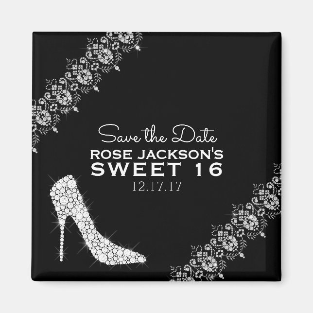 Diamonds Stiletto Heels Sweet 16 Save the Date B&W Magnet (Front)