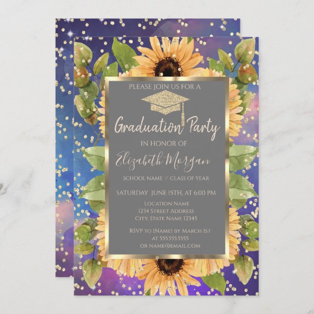 Diamonds  Sunflowers Paint Splash  Graduation Invitation (Front/Back)