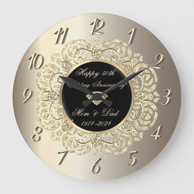 Diamonds Swirls Champagne 50th Wedding Anniversary Large Clock (Front)