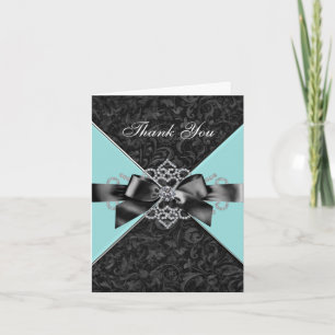 Diamonds Teal Blue Black Damask Thank You Cards