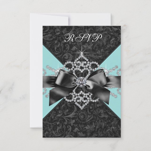 Diamonds Teal Blue Black Sweet 16 Birthday Party RSVP Card (Front)