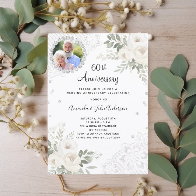 Diamonds white florals 60th wedding anniversary invitation (Creator Uploaded)