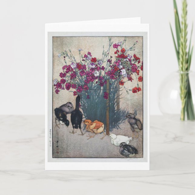 Dianthus & Chicks , Hiroshi Yoshida, Woodcut Card (Front)