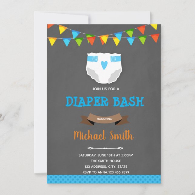 Diaper boy bash baby shower  invitation (Front)