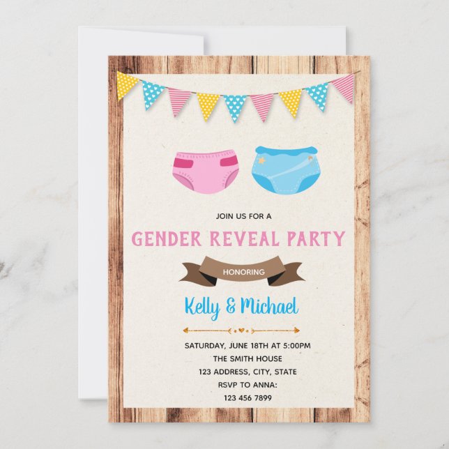 Diaper gender reveal party invitation (Front)