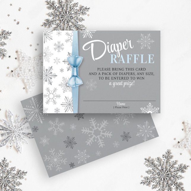 Diaper Raffle Baby Boy Blue Grey Snowflake Winter Enclosure Card (Cute Snowflake Winter Baby Boy Shower Diaper Raffle invitation enclosure card, blue, gray, Snow)