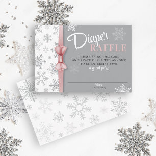 Diaper Raffle Baby Girl Pink Grey Snowflake Winter Enclosure Card