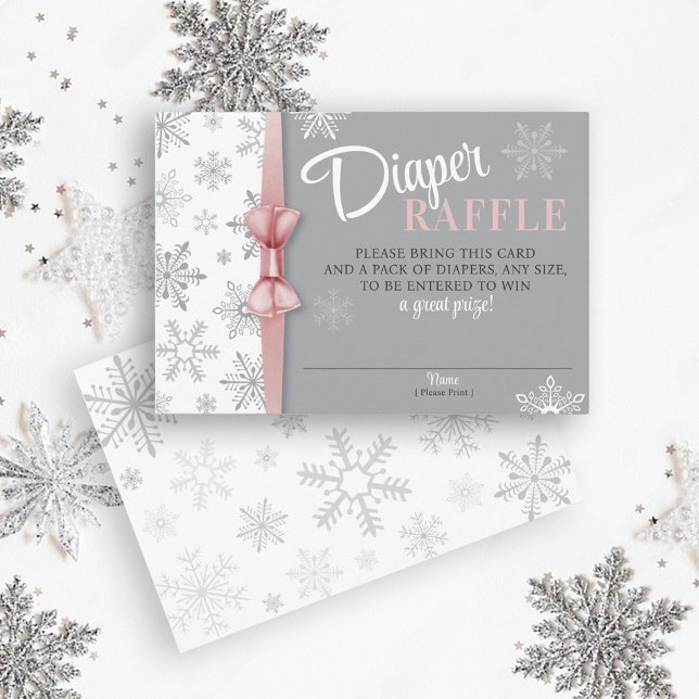 Diaper Raffle Baby Girl Pink Grey Snowflake Winter Enclosure Card (Baby It's Cold Outside, Snow Excited, Snowflake Winter Pink Gray Baby Girl Shower Diaper Raffle card)