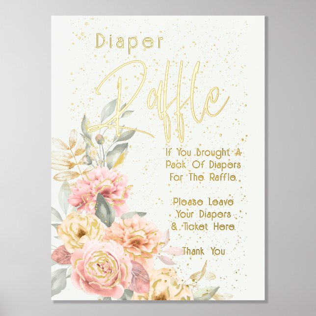 Diaper Raffle Baby Shower Blush Pink Ivory Peonies Foil Prints (Front)