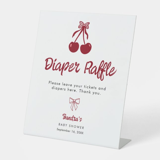 Diaper Raffle Baby Shower Cherry on Top Red Bows Pedestal Sign (Front)